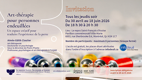 <h2>Art-thérapie pour personnes endeuillées - Du 30 avril au 18 juin 2026</h2>